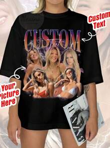 Custom Women's Fashionable Loose Plus Size Short Sleeve Printed T-Shirt, Summer - Black - View 1