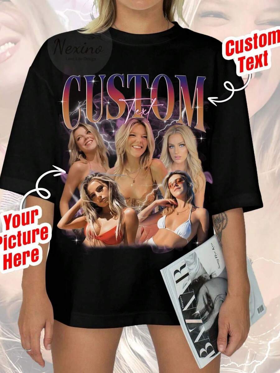 Custom Women's Fashionable Loose Plus Size Short Sleeve Printed T-Shirt, Summer - Black - View 1