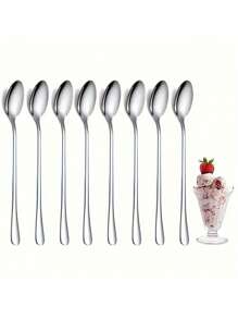 1 cái/8 cái, Thìa trà đá cán dài bằng thép không gỉ, Thìa cà phê, Muỗng múc kem, Thìa khuấy cocktail bằng thép không gỉ, Dụng cụ pha cà phê, Dụng cụ nhà bếp, Phụ kiện nhà bếp - Bạc - Xem 10