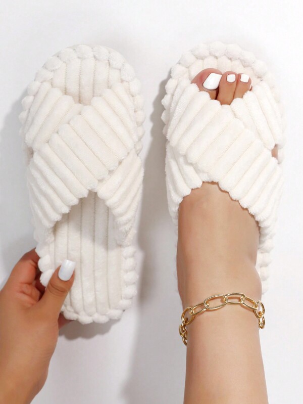 Fall/Winter Women's Fashion Criss-Cross Plush Fluffy Slippers, Bridesmaids Slippers, Warm Indoor Slippers For Hardwood Floor