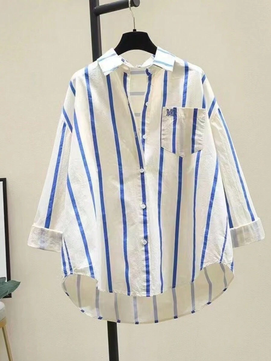 Striped Fashionable Dropped Shoulder Loose Patchwork Pocket Shirt - Blue - View 1