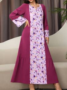 Spring/Winter New Long Sleeve Women's Dress, Printed Long Dress With Kaftan Pattern Patchwork And Solid Color, Loose Fit Maxi Dress - Purple - View 4