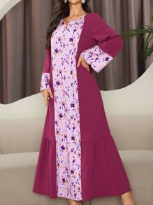 Spring/Winter New Long Sleeve Women's Dress, Printed Long Dress With Kaftan Pattern Patchwork And Solid Color, Loose Fit Maxi Dress - Purple - View 2