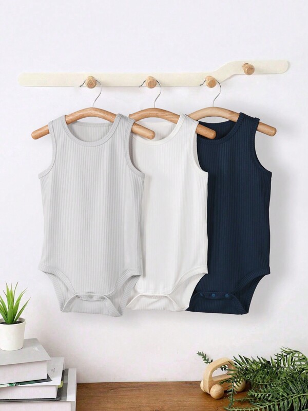 Set da 3 pezzi di body smanicati in colore unito per neonato maschio, body tutina casual versatile con bottoni automatici all'inguine