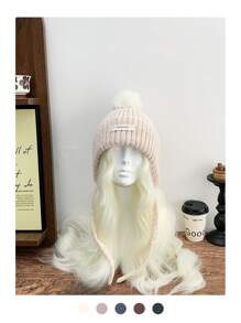 1 件混色毛绒绒球护耳针织渔夫帽，秋冬季保暖厚针织帽带领带，男女通用绒球针织帽冬季圣诞无檐帽 - 彩色 - 查看 5