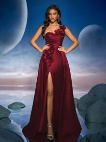 Anymoon 优雅 3D 手工花卉长款晚礼服，适合正式场合、派对礼服、婚礼宾客礼服、长袍 - 酒紅色 - 查看 1