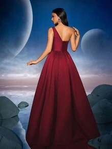 Anymoon 优雅 3D 手工花卉长款晚礼服，适合正式场合、派对礼服、婚礼宾客礼服、长袍 - 酒紅色 - 查看 2