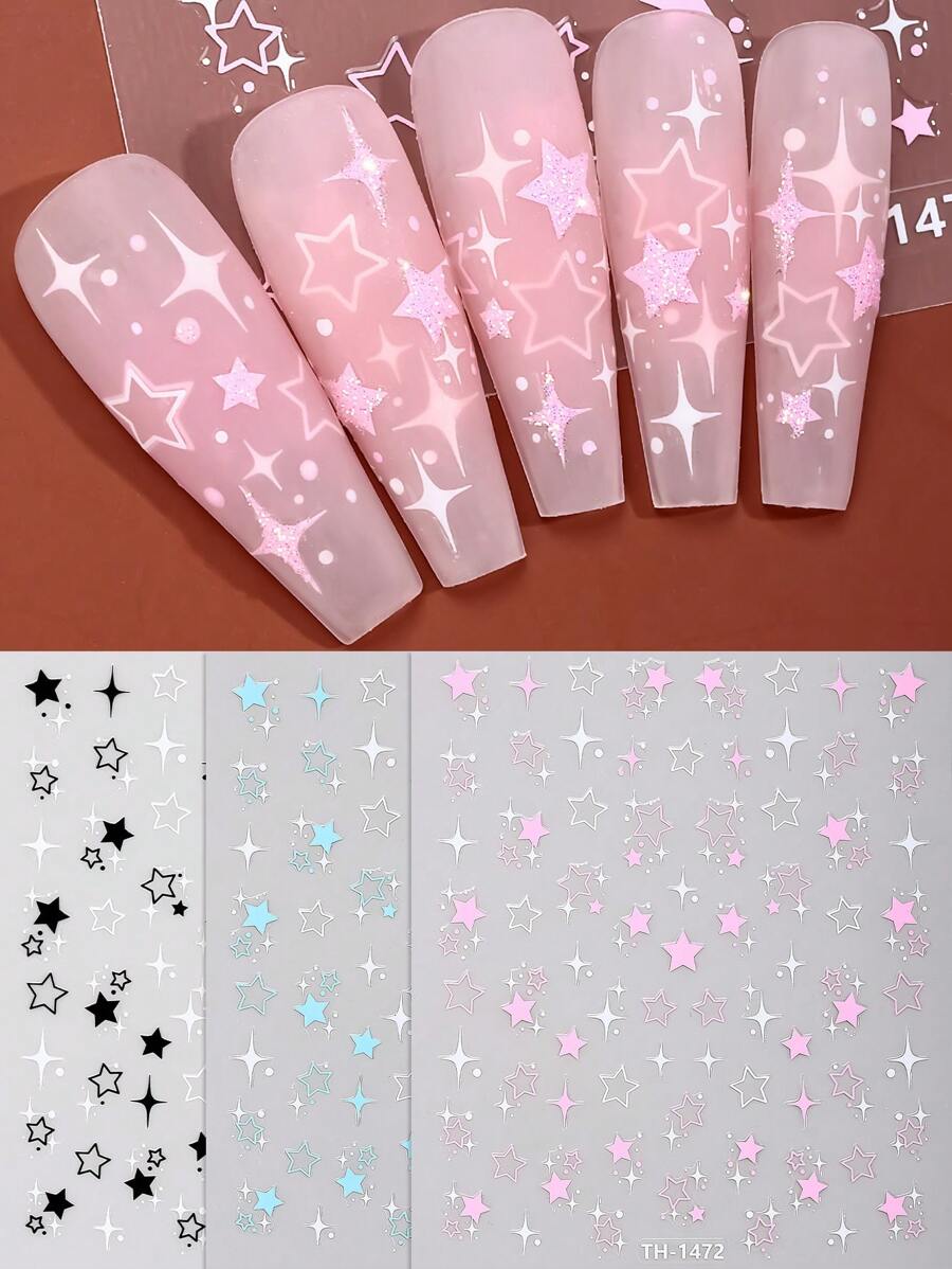Beauty Sticker 3片星形美甲贴纸，闪亮星爆自粘贴花，适合女性DIY美甲用品 - 彩色 - 查看 1