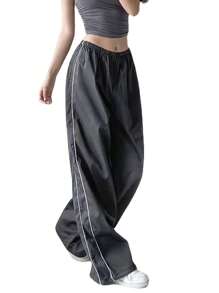 Womens Parachute Pants Wide Leg Baggy Pants Y2K Elastic Waist Jogger Sweatpants Track Pants Streetwear - 深灰色 - 查看 2