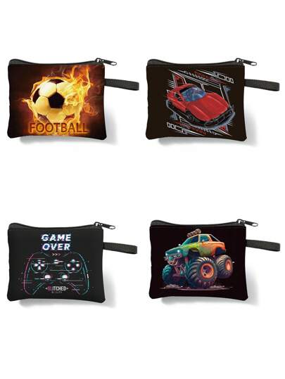 1 件/4 件足球、游戏机、足球图案 4 合 1 零钱包和钱包，适合儿童/男孩/女孩 - 时尚休闲（足球主题）