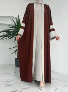 1pc Color Block Open Cardigan Set With Inner Base Layer, Fashion Muslim Woman Open Abaya Suit, Suitable For Women's Daily Wear - Multicolor - View 3