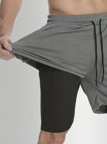 Short 2 E 1 Duplo Masculino Bolso Oculto Academia Compressão - Cinza - Visão 3