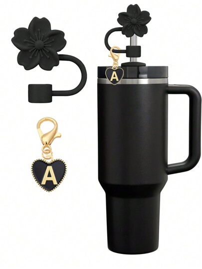 Set de 2 sombreros de paja con forma de corazón y letra floral, marcador de taza con letra negra, y sombrero de paja reutilizable de silicona con flor, se ajusta a pajitas de 10mm de ancho, decoración linda de letra, apto para vasos minimalistas modernos