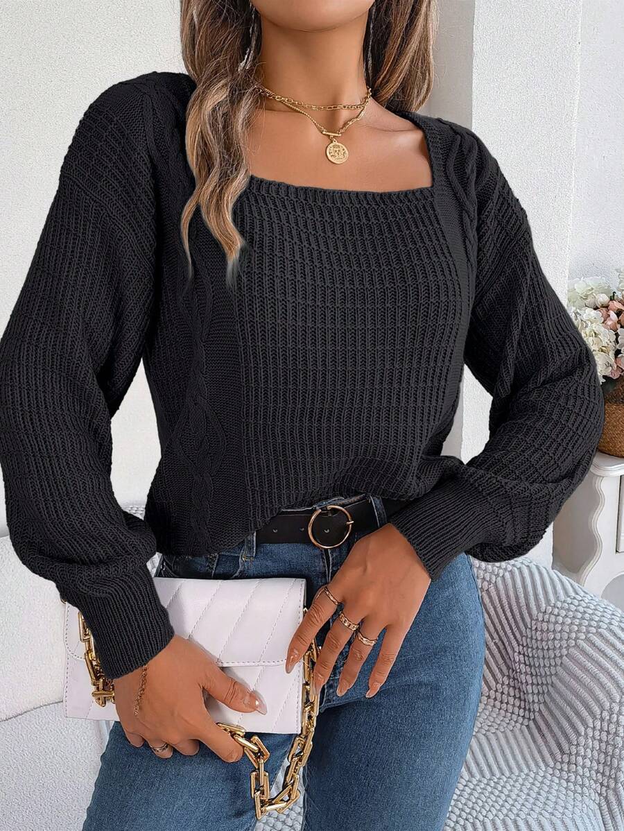 Women's Casual Solid Color Square Neck Ribbed Knit Sweater, Autumn/Winter - Black - View 1
