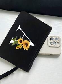 Bolsa de lona negra, que incluye una bolsa con iniciales impresas de la A a la Z y una bolsa pequeña impresa, con estampado de girasoles y flores, letras, flores, paquete de regalo personalizado, bolsa de lona negra - Negro - Ver 8