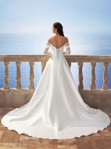 HEARBOBO Solid Color Vintage Satin Off-The-Shoulder Simple Chiffon Split Thigh Long Dress, Contrast Lace Wedding Dress