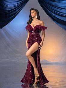 QOQ 女神优雅酒红色亮片单肩高开衩礼服，适合宴会、派对、典礼