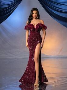 QOQ 女神优雅酒红色亮片单肩高开衩礼服，适合宴会、派对、典礼