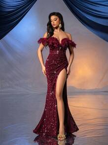 QOQ 女神优雅酒红色亮片单肩高开衩礼服，适合宴会、派对、典礼