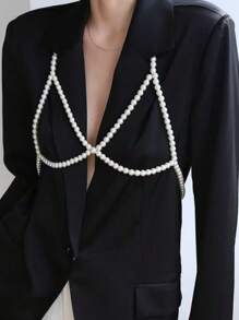 1 chiếc Bikini Sexy Pearl Criss-Cross Bra Chain, Bikini cỡ lớn có thể điều chỉnh, Thắt lưng xích eo hình sao biển bãi biển, Trang sức bụng cho tiệc nghỉ dưỡng bãi biển, Phù hợp với phụ nữ và trẻ em gái - trắng - Xem 2