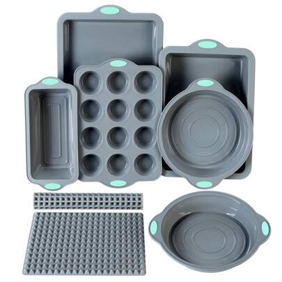 To Encounter 8 In 1 Silicone Baking Set - 6 Silicone Molds - 2 Silicone Baking Mat, Nonstick Cookie Sheet, Cake Muffin Bread Pan With Metal Reinforced