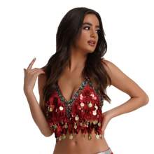 1pc Colorful Sequins Chest Wrapped Belly Dance Bra, Copper Gong Colored Diamond Stage Performance Top