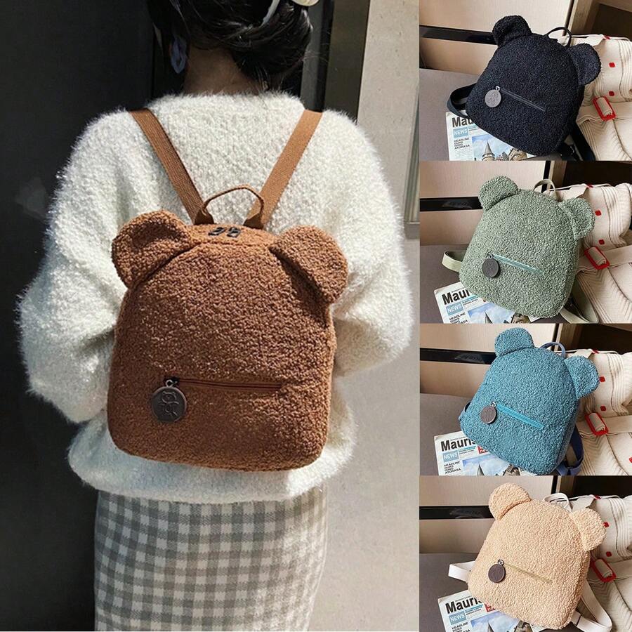 Mochila de peluche Bolso de mujer Mochila de orejas de osito pequeño de estilo otoño e invierno Mochila de lana jacquard Mochila mini de terciopelo suave y fresco, mochila escolar de dibujos animados de peluche de moda en unicolor con creatividad - Multicolor - Ver 1