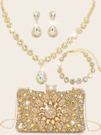 LETODE 4 件套水钻首饰闪亮项链耳环手镯套装女士新娘婚礼闪亮手拿包女士舞会带可拆卸金属链适用于婚礼和派对包女士手拿包女士包多功能闪光包鸡尾酒会婚礼新款钱包宴会包新娘和伴娘包