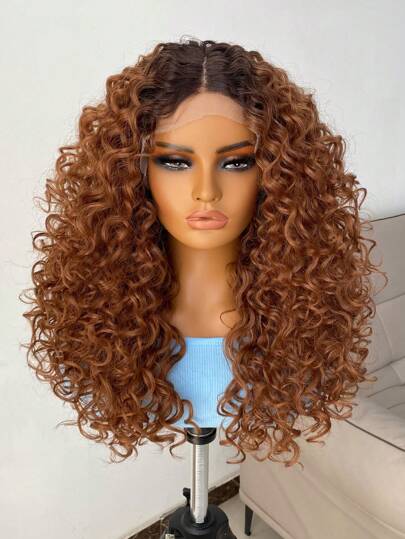 شعر مستعار صناعي عنيد متموج للجزء الأمامي من الشعر بطول 20 بوصة بقاعدة من الدانتيل بلون أسود وأشقر للنساء، بدون غراء، بألوان جنزبر وبنفسجي، مقاوم للحرارة، طبيعي المظهر