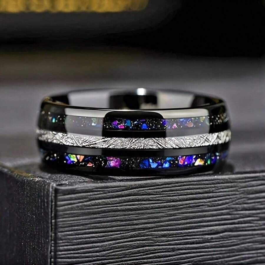 A Black Stainless Steel Ring Set With Sparkling Stars, Suitable For Daily Wear And A Fashionable Accessory For Both Men And Women, Suitable For All Seasons