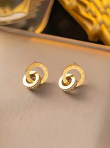 Stainless Steel Roman Numeral Rhinestone Inlaid Geometric Pendant Necklace, Bracelet And Earrings Jewelry Set, Suitable For Daily Wear And Gift