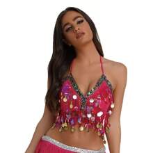1pc Colorful Sequins Chest Wrapped Belly Dance Bra, Copper Gong Colored Diamond Stage Performance Top