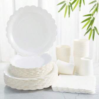 1 set vita blomblad engångstallrikar och servetter, lämplig för 24 gäster, engångspapperstallrikar festtillbehör för födelsedag, bröllop, fest, familjepicknick