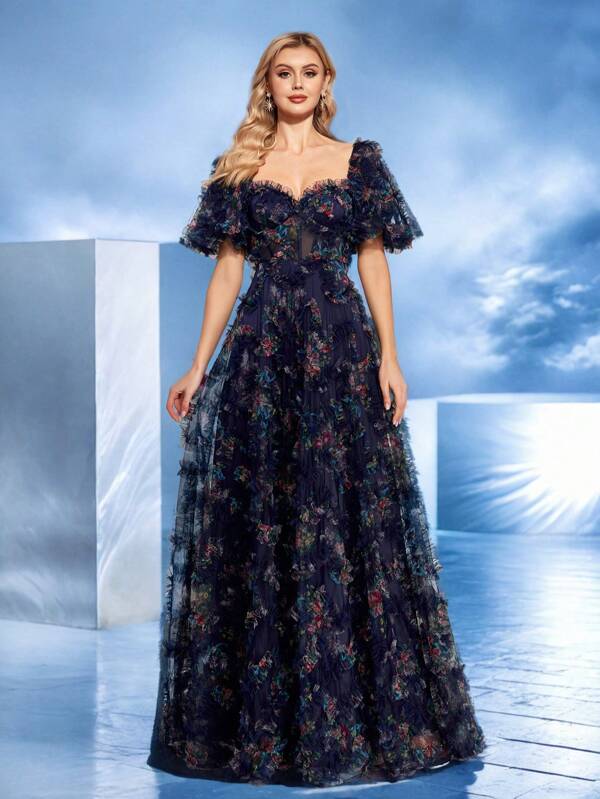 XUIBOL Women's Floral Print 3D Mesh Patchwork Maxi Evening Dress With Sweetheart Neckline (Heavy-Duty Style) Elegant Formal Prom Wedding Guest Gown, For Graduation, Dinner Party Dress