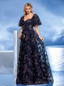 XUIBOL Đầm dạ hội maxi nữ in hoa, phối lưới 3D, cổ tim (kiểu dáng dày dặn), thanh lịch, trang trọng, thích hợp cho dạ hội, đám cưới, lễ tốt nghiệp, tiệc tối, kỳ nghỉ xuân. - Màu xanh hải quân - Xem 3