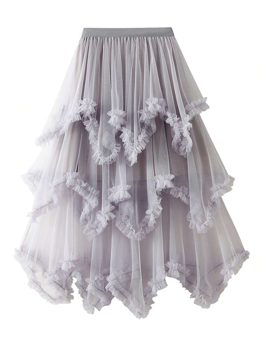 Women Plus Size Layered Tulle Long Skirt, Fashion High Waist Solid Color Frill Trim Ruffle Midi Skirt - Xám - Xem 1