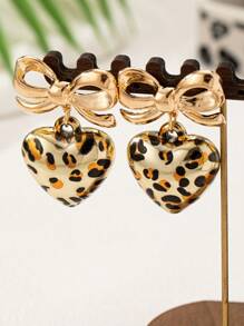 1 Pair Fashionable European And American Unique Exaggerated Leopard Bow & Heart Pendant Earrings,Valentine's Day Gifts Valentines,Mom,Mother,Mother's Day,Gift