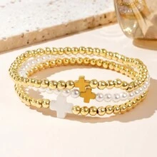 3 件女士手链铜珠金珠镀 18K 金白金时尚简约波西米亚设计女士优雅手链弹力手链金珠串珠女士手链适合日常佩戴适合折叠适合送礼 - 彩色 - 查看 2