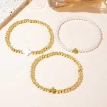 3 件女士手链铜珠金珠镀 18K 金白金时尚简约波西米亚设计女士优雅手链弹力手链金珠串珠女士手链适合日常佩戴适合折叠适合送礼 - 彩色 - 查看 4