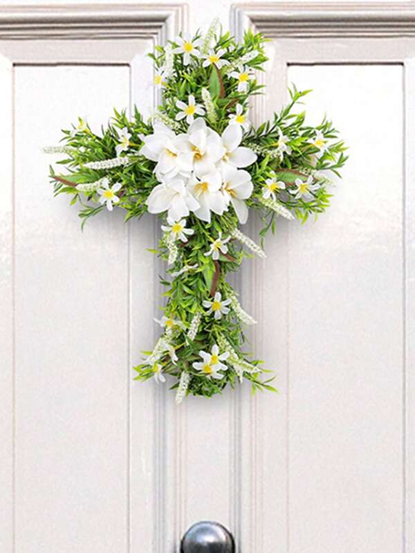 1 peça 19,68 polegadas Páscoa Artificial Flor Cruz Coroa Pendurada Decoração Com Vegetação Realista & Flores, Adequado Para Todas As Estações Ao Ar Livre, Porta Interna, Decoração De Parede, Acessório Perfeito Para Casa Presente