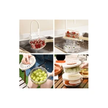 Kitchen Drain Basket With Lid Handle Vegetable Washing Foldable Plastic Cleaning Strainer Refrigerator Crisper Box - Multicolor - View 3
