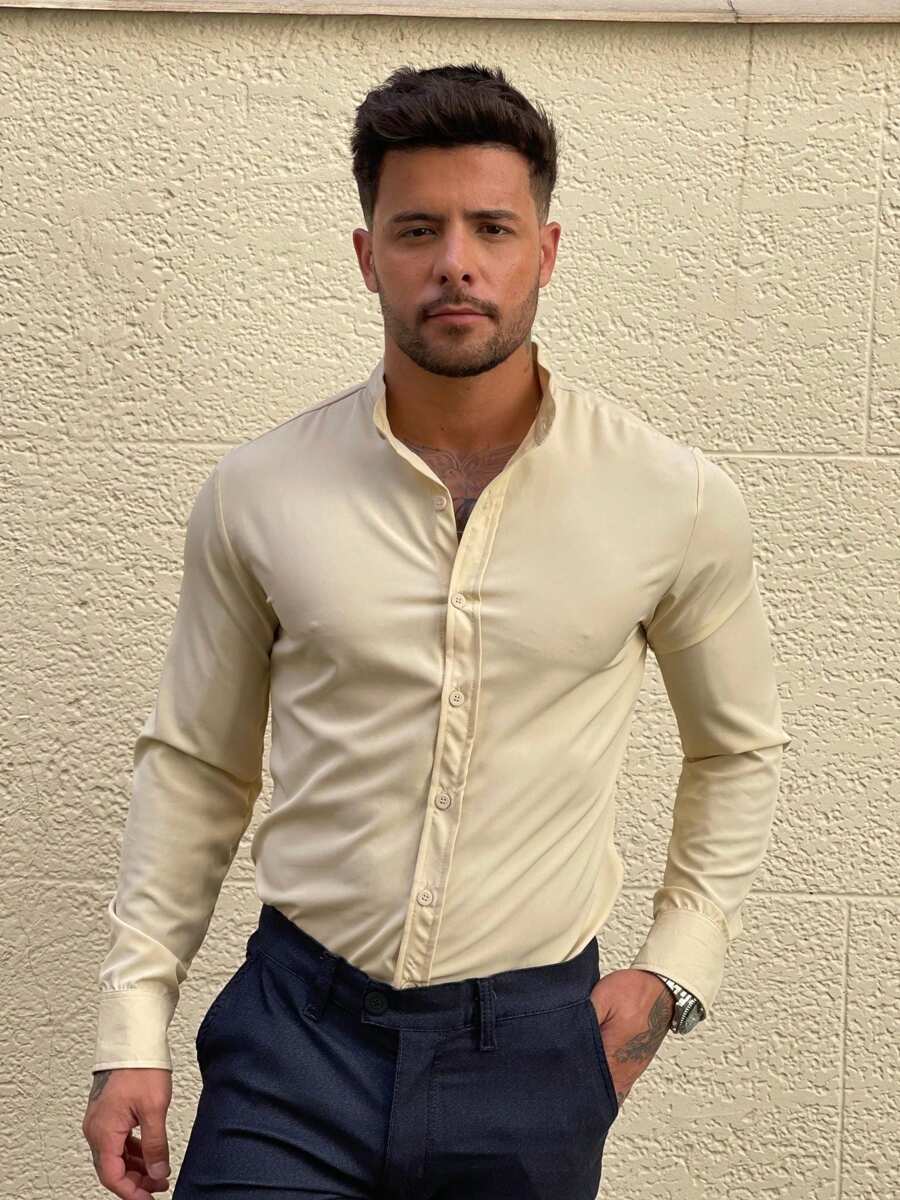 RIGHT TIME CAMISA SLIM FIT VISCOSE MANGA LONGA LISA - Bege - Visão 1