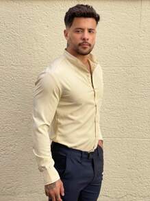 RIGHT TIME CAMISA SLIM FIT VISCOSE MANGA LONGA LISA - Bege - Visão 2