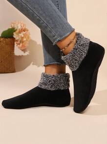 1 Pair Women's Plush Waterproof Anti-Slip Thick Warm House Slippers Socks For Autumn/Winter - Black - View 2