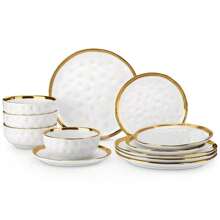 12-Piece Dinnerware, White With Golden Border, Poreclain Tableware, Dinner Plate, Dessert Plate And Bowl, Sevice For 4 - White With Golden Border - View 4