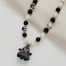 1 件节日幽灵风格天然玛瑙独特设计镀白金，黑色幽灵，环氧树脂装饰铜材料，不褪色油滴手工工艺珠宝项链适合女性生日、节日、派对、宴会和日常佩戴。它也可以作为礼物送给爱人或好朋友 - 小幽靈 - 查看 2