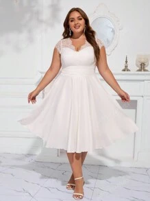 Women's Plus Size Satin Elegant Lace Fabric Wedding Dress Bridal Shower Dress, Plus Size White Dress, Little White Dress