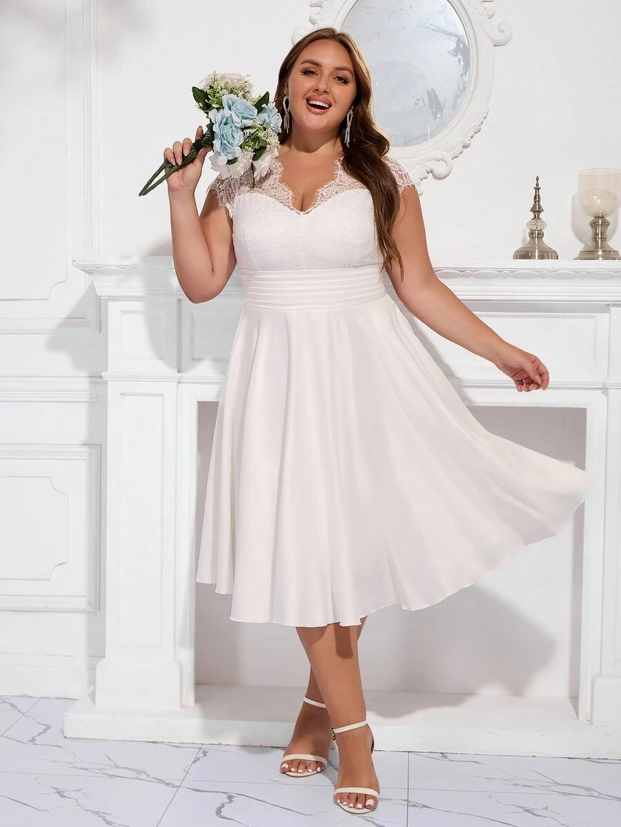 Women's Plus Size Satin Elegant Lace Fabric Wedding Dress Bridal Shower Dress, Plus Size White Dress, Little White Dress - White - View 1