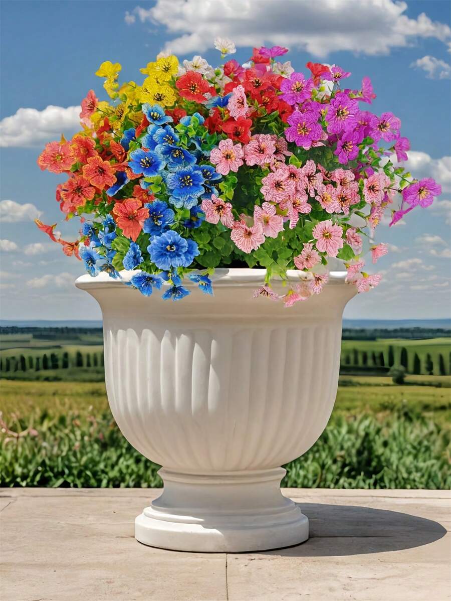 7 件人造花，蓝色雏菊桉树叶，抗紫外线，适合户外装饰，适合室内家居装饰、万圣节、圣诞节、节日、婚礼派对、花盆、门廊、窗户和庭院装饰 - 藍色 - 查看 1