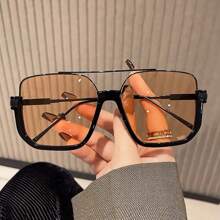 1pc Unisex Retro Oversized Transparent Frame Fashion Glasses With Double Bridge, High-End Chic Look - Champagne - View 2